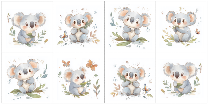 Panneau 8 lingettes lavables 12x12cm Animaux Koala et Feuilles