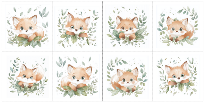 Panneau 8 lingettes lavables 12x12cm Animaux Renard et Feuilles