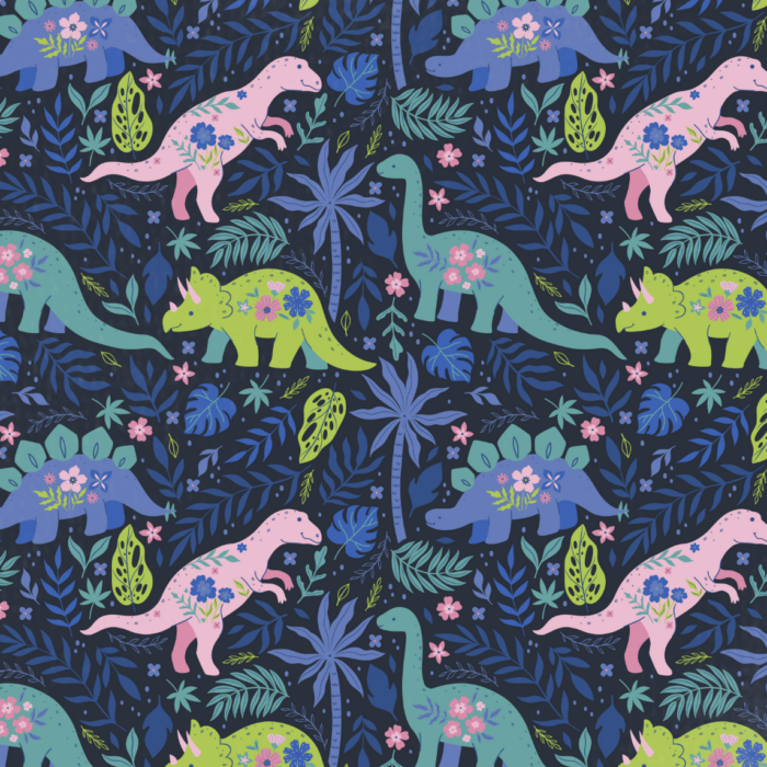 Tissu Imprimé Dinosaure Fleurs Bleu , 10 tissus au choix