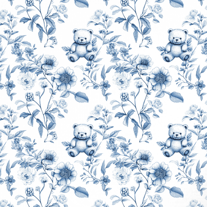 Tissu Inspiration Toile de Jouy Fleuri Ourson Bleu, 11 tissus au choix