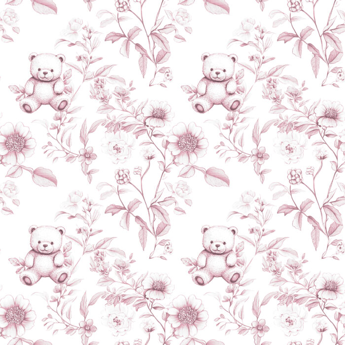 Tissu Inspiration Toile de Jouy Fleuri Ourson Rose, 11 tissus au choix