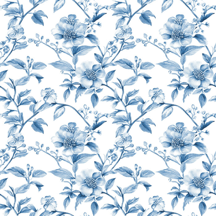 Tissu Inspiration Toile de Jouy Fleurs Harmonie Bleu, 11 tissus au choix